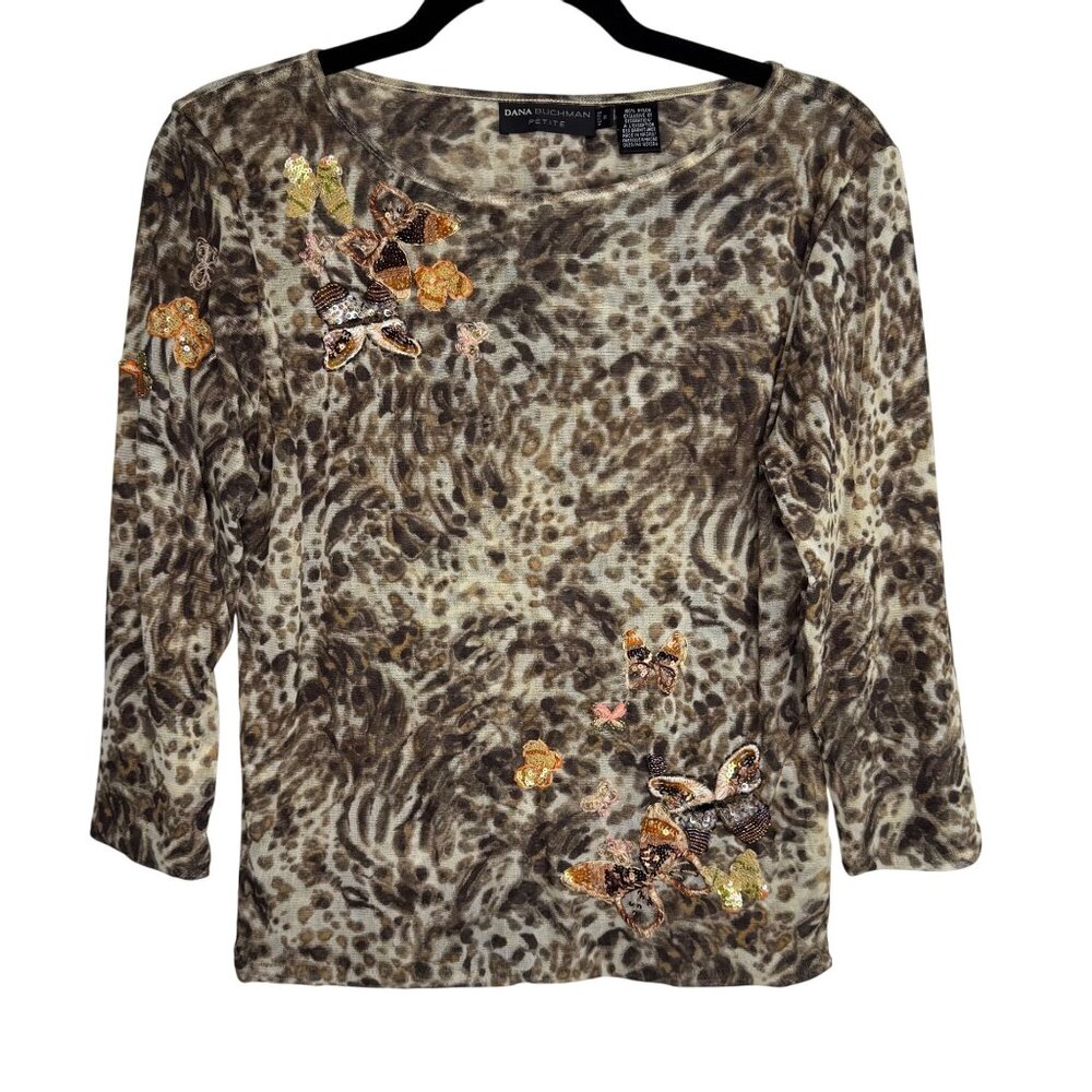 VTG Dana Buchman Brown Leopard Print Top W/ Sequin Butterfly Embellishments Sz S